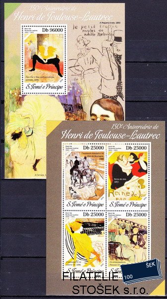 St.Thomas. známky Mi 5479-82+Bl.955 Henri Toulouse Lautrec