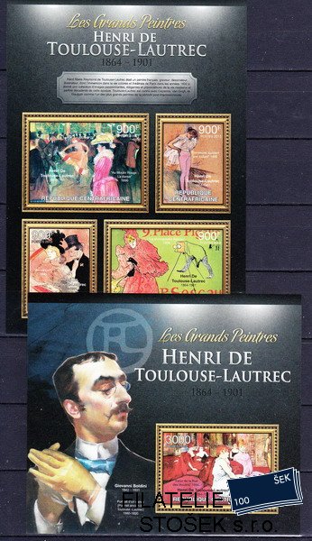 Centrafricaine známky Mi 3977-80+Bl.1010 Henri de Toulouse-Lautrec