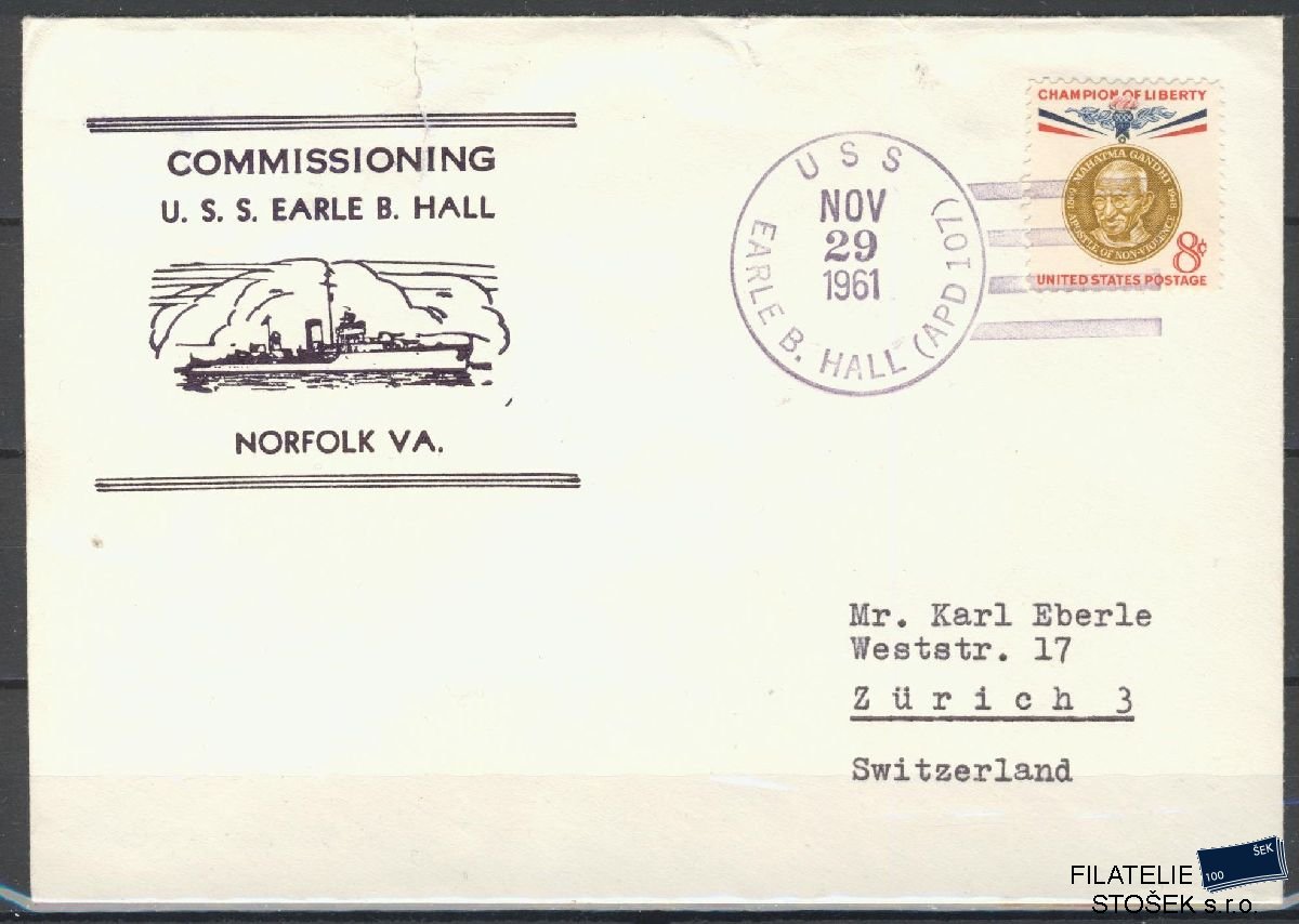 Lodní pošta celistvosti - USA - USS Earle B. Hall - Natrženo