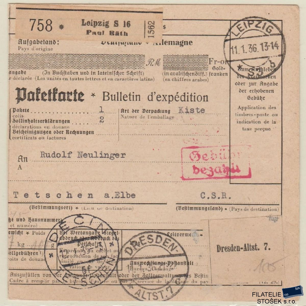 Deutsches Reich celistvost - Leipzig - Dresden - Děčín - ČSR I Doplatek