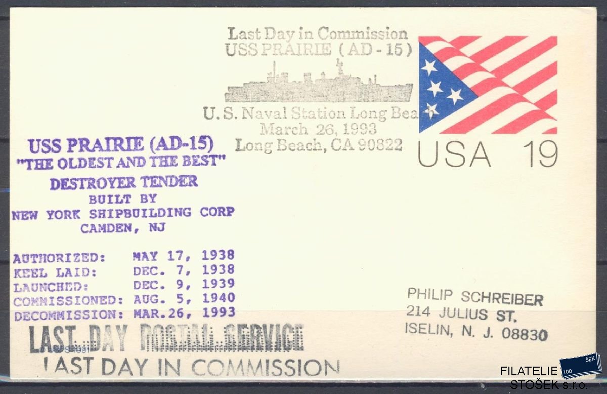 Lodní pošta celistvosti - USA - USS Praire
