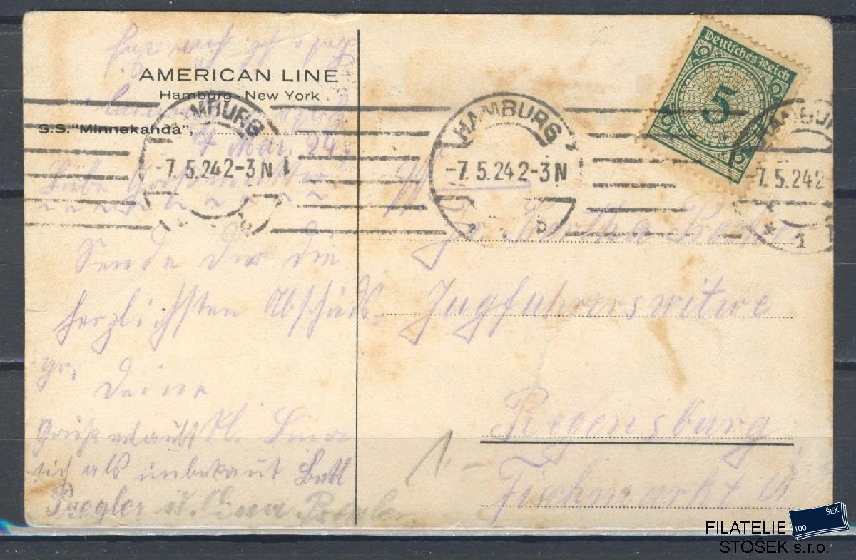 Lodní pošta celistvosti - Deutsche Schifpost - MS Hambug - New York