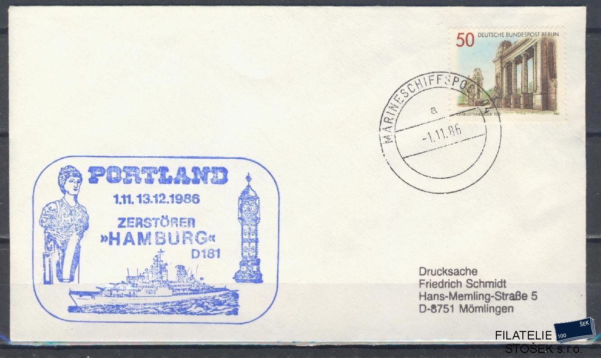 Lodní pošta celistvosti - Deutsche Schifpost - Zerstörer Hamburg