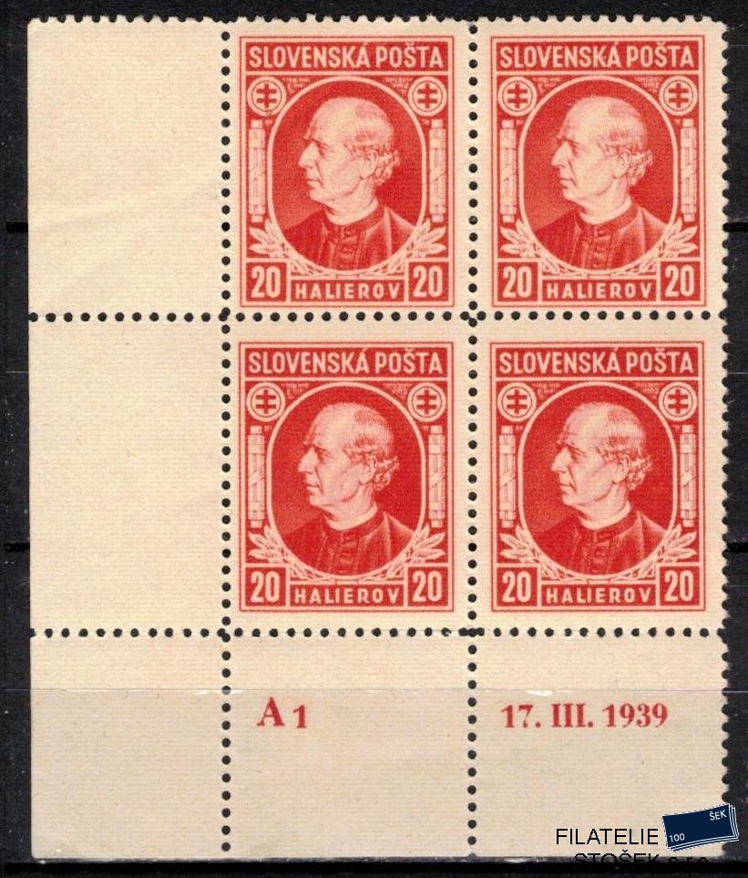 Slovenský štát známky 27 A Dč A 1 17.III.1939 Čtyřblok