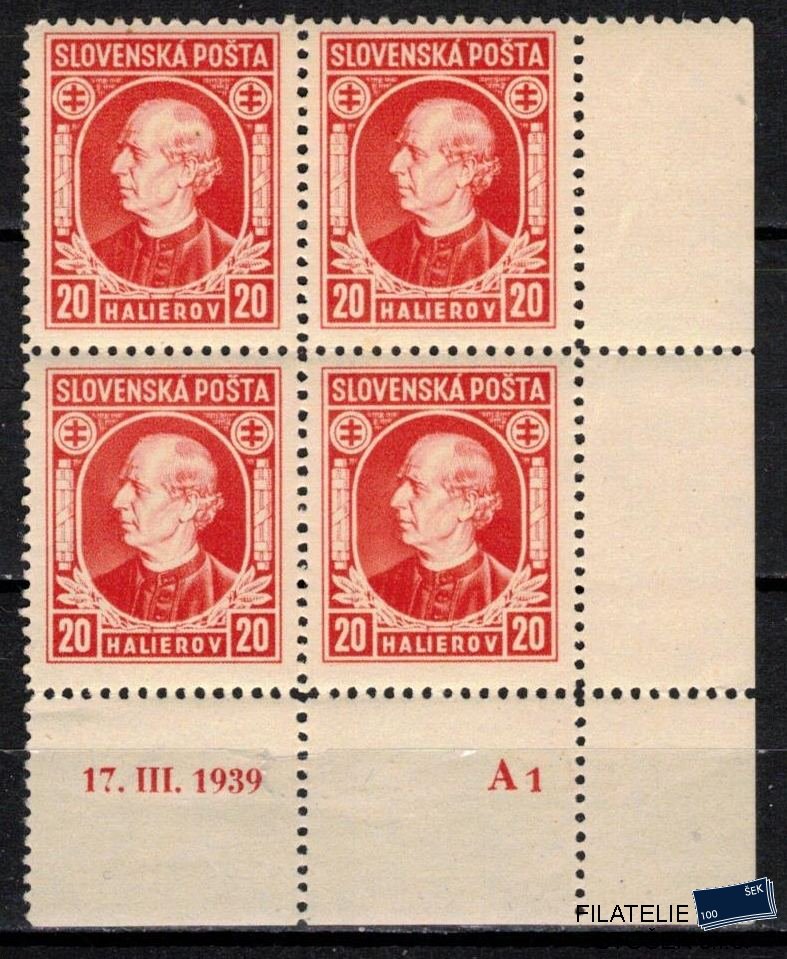 Slovenský štát známky 27 A Dč A 1 17.III.1939 Čtyřblok