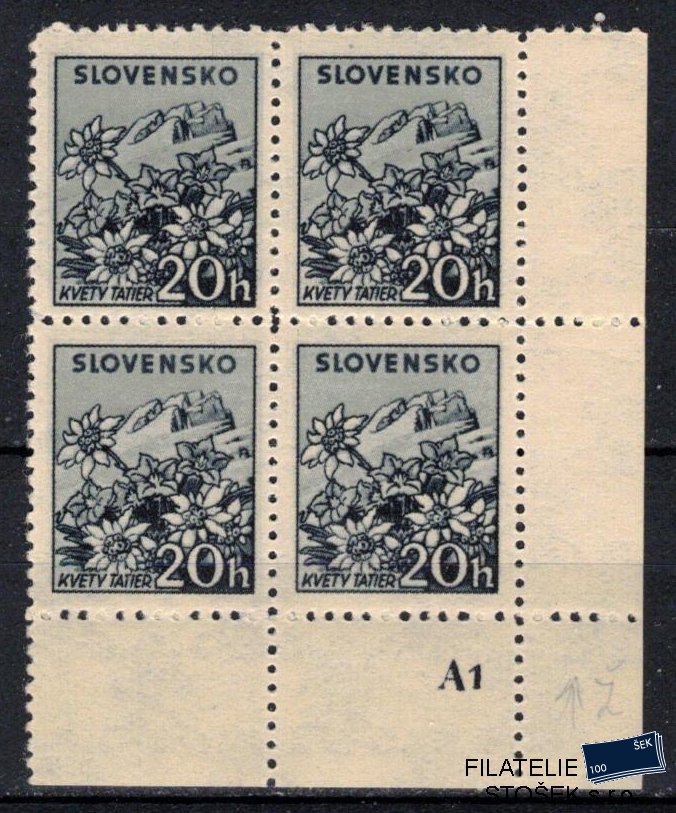Slovenský štát známky 49 Dč A 1  Čtyřblok rohový Pr 1