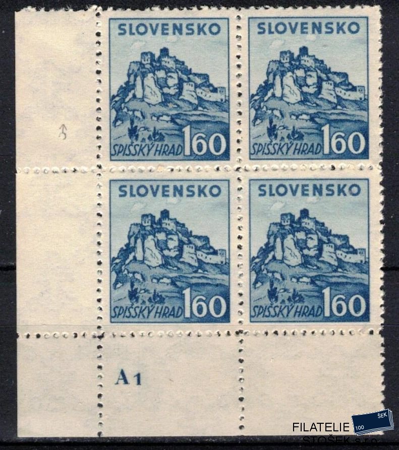 Slovenský štát známky 54 Dč A 1  Čtyřblok rohový Pr 1