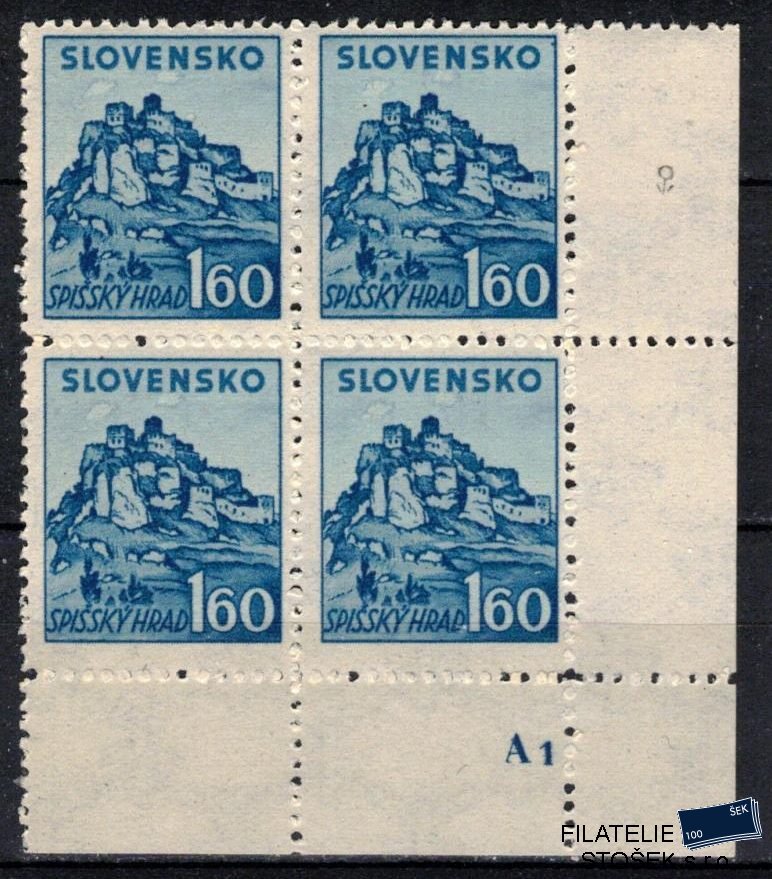 Slovenský štát známky 54 Dč A 1  Čtyřblok rohový Pr 2 DV ZP 180