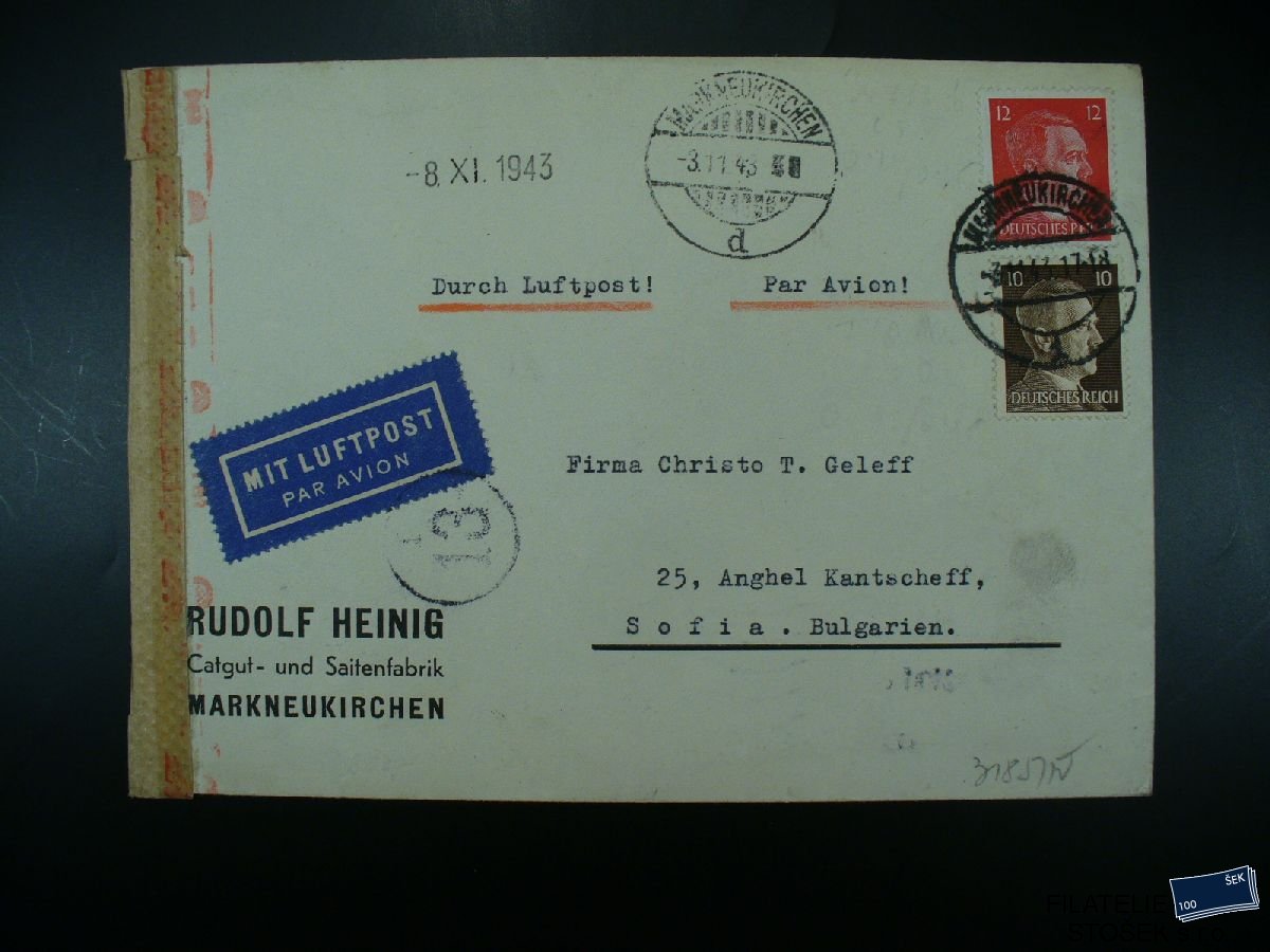 Německo celistvosti - Markneukirchen - Sofia - Flugpost 1943