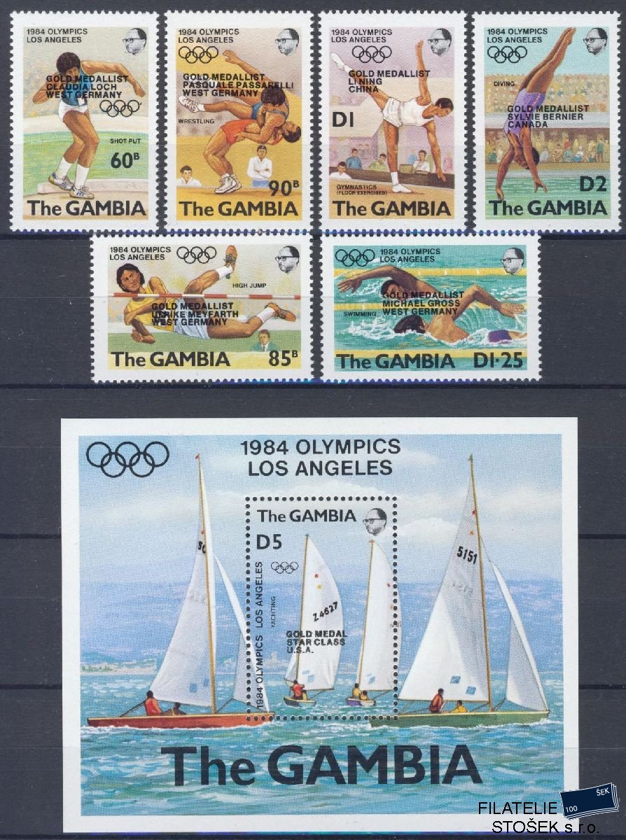 Gambia známky Mi 576-81 + Bl 17 - OH 1984